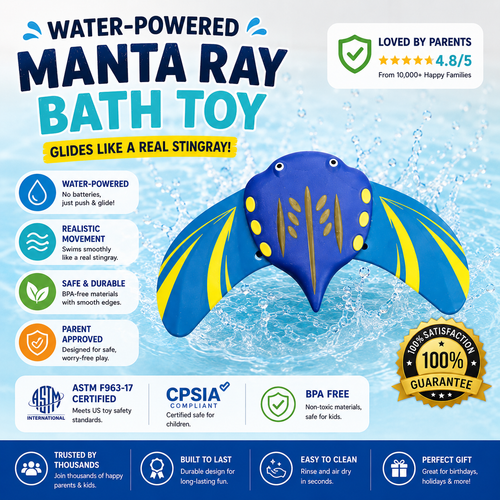 Water-Powered Manta Ray Toy Underwater Pool Toy—Equipped with self-propelled jet propulsion and adjustable fins, this pool diving toy glides smoothly underwater.