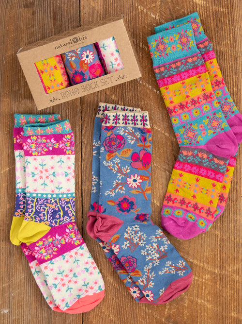 Boxed Boho Sock Set, Set of 3 - Cream Borders