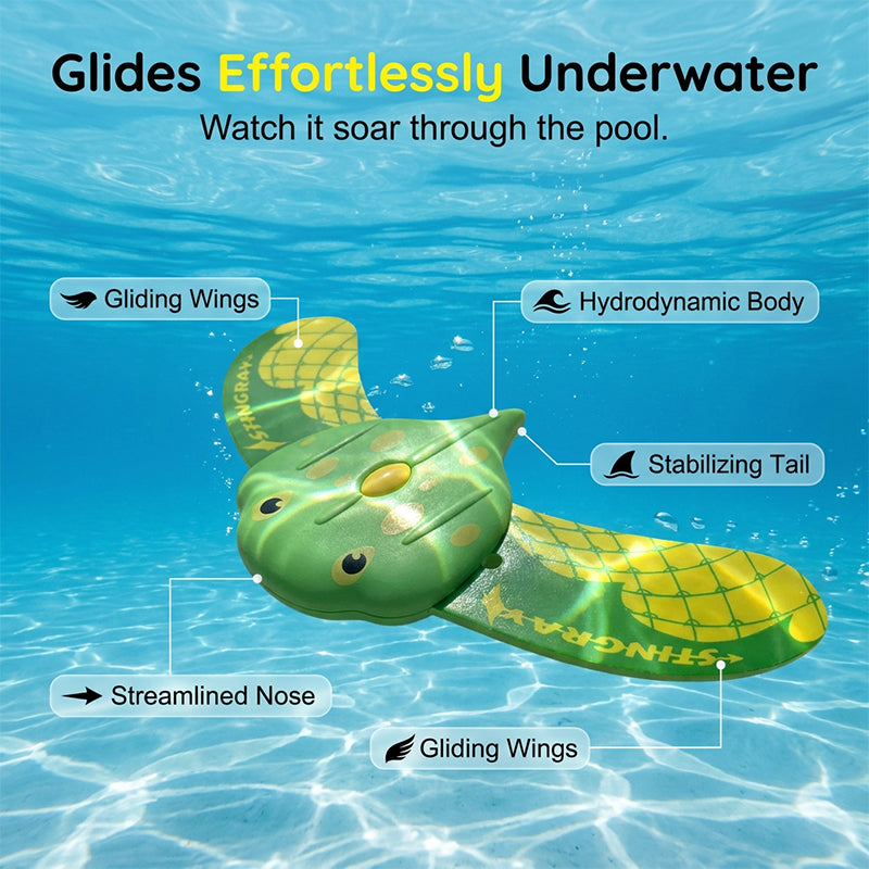 Water-Powered Manta Ray Toy Underwater Pool Toy—Equipped with self-propelled jet propulsion and adjustable fins, this pool diving toy glides smoothly underwater.